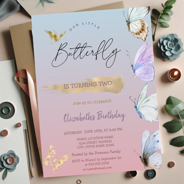 Gold Colourful Butterflies Ombre Birthday  Invitation (Creator Uploaded)