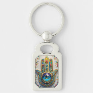 Gold Colourful Filigree Blue-Green Third Eye Hamsa Key Ring
