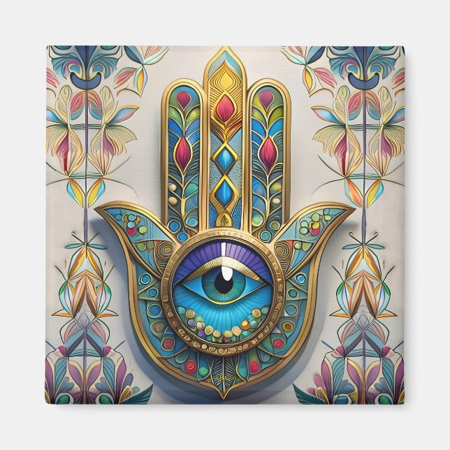 Gold Colourful Filigree Blue-Green Third Eye Hamsa Magnet (Front)