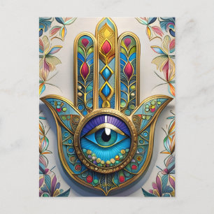 Gold Colourful Filigree Blue-Green Third Eye Hamsa Postcard