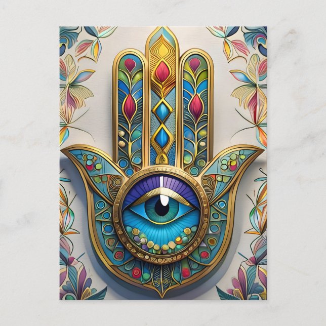 Gold Colourful Filigree Blue-Green Third Eye Hamsa Postcard (Front)