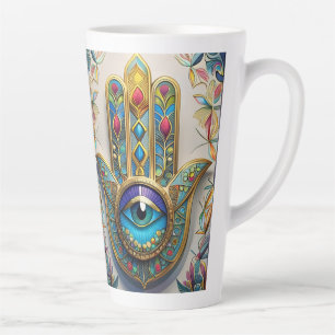 Gold Colourful Filigree Hamsa Blue-Green Third Eye Latte Mug