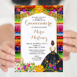 Gold Colourful Floral Quinceañera Birthday  Invitation
