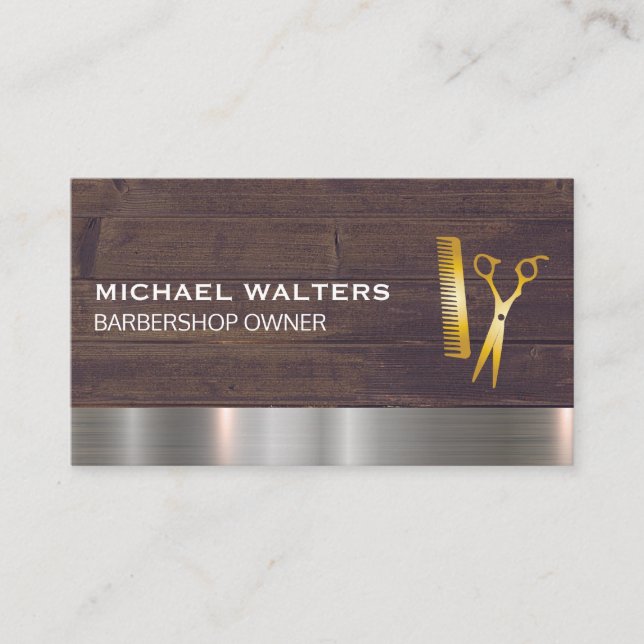 Gold Comb and Scissors Wood Metal Trim Business Card (Front)