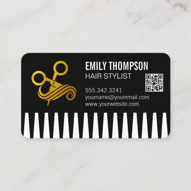 Gold Comb | Hair Stylist | QR Code Business Card (Front)