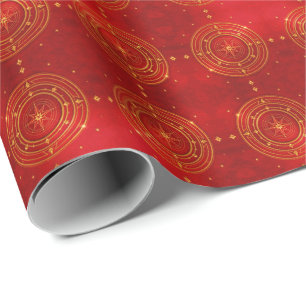 Gold Compass and Red Stars Pattern Wrapping Paper