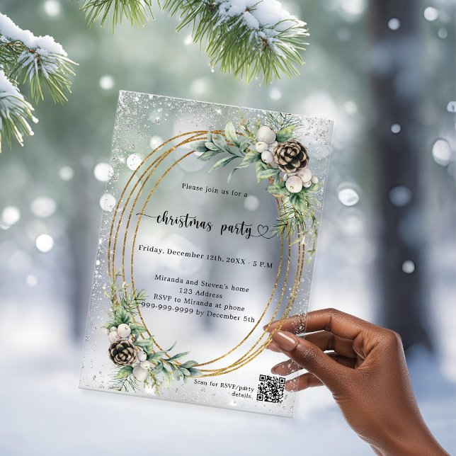 Gold cone greenery QR code frosted Christmas Party Acrylic Invitations (Creator Uploaded)
