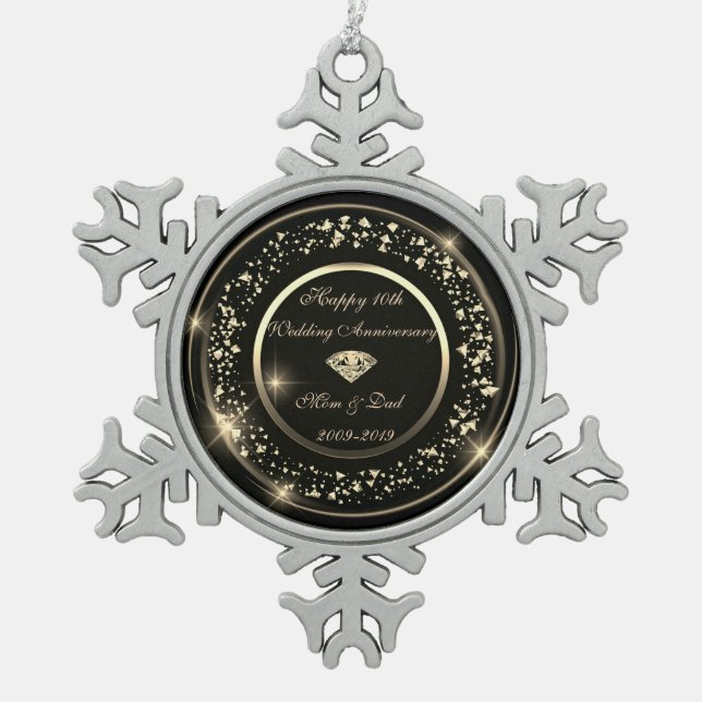 Gold Confetti 10th Wedding Anniversary Snowflake Pewter Christmas Ornament (Front)
