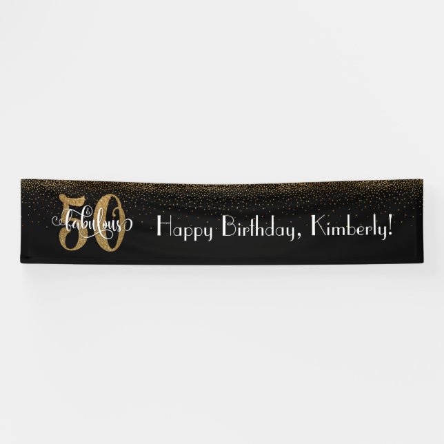 Gold Confetti 50 & Fabulous Happy Birthday, Black Banner (Horizontal)