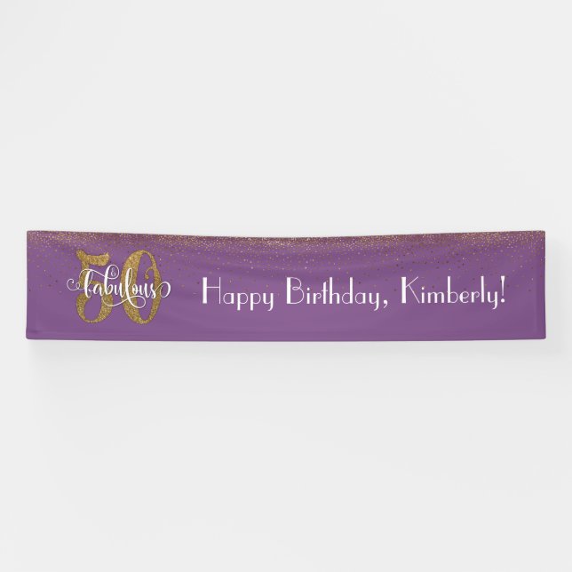 Gold Confetti 50 & Fabulous Happy Birthday, Purple Banner (Horizontal)