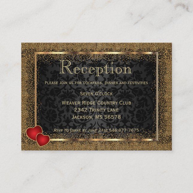 Gold Confetti and Black Damask - Reception Enclosure Card (Front)