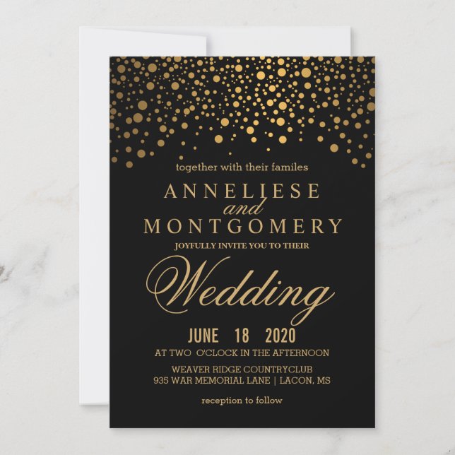 Gold Confetti and Black Wedding Invitation (Front)