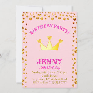 Gold Confetti and Crown Birthday Invitation