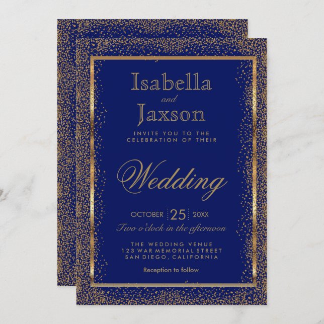 Gold Confetti and Dark Blue Invitation (Front/Back)