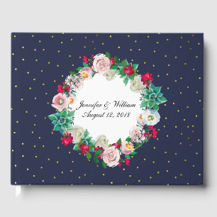 Gold Confetti and Flowers Wedding Guest Book