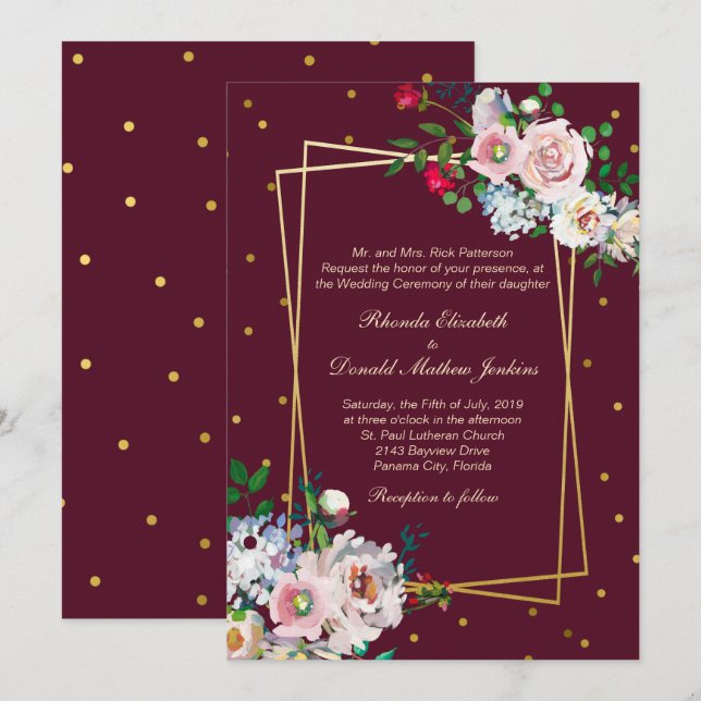 Gold Confetti and Flowers Wedding Invitation (Front/Back)