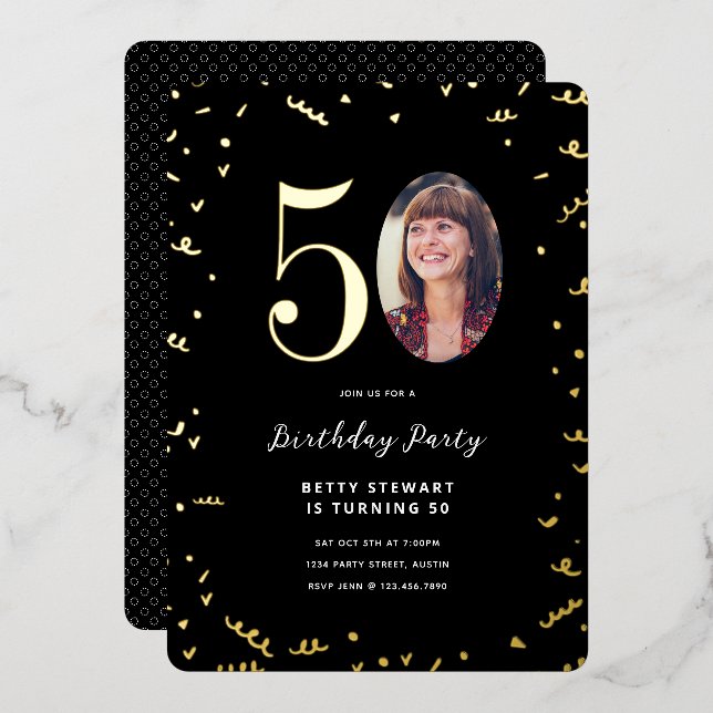 Gold Confetti and Photo 50th Birthday Party (Front/Back)