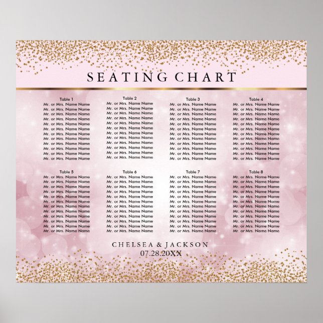Gold Confetti and Pink Bokeh - 10 Seating Chart (Front)