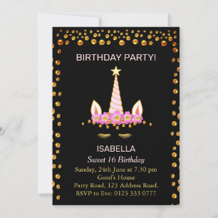 Gold Confetti and Unicorn o Sweet 16 Birthday Invitation