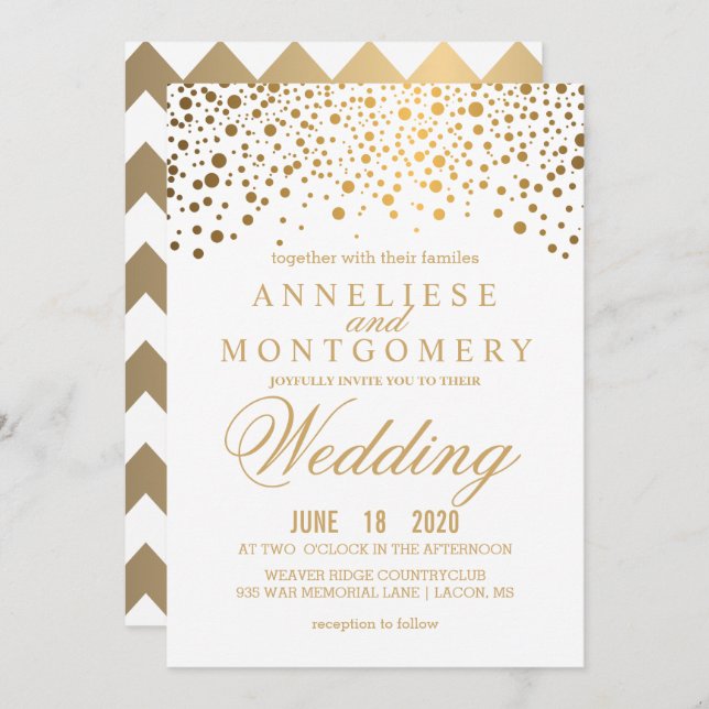 Gold Confetti and White Wedding Invitation (Front/Back)
