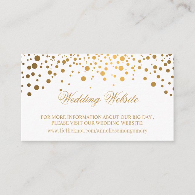 Gold Confetti and White Wedding Website Enclosure Card (Front)