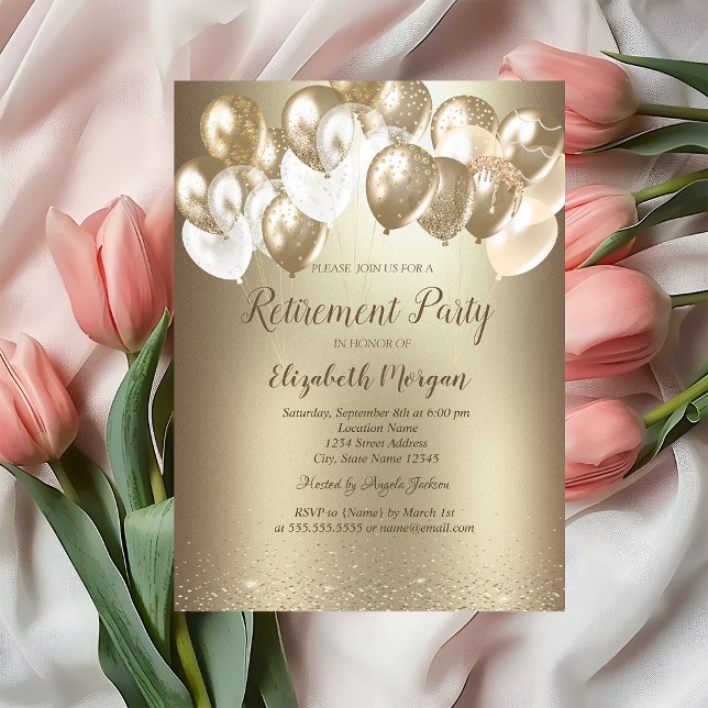Gold Confetti Balloons Gold Metallic Retirement  Invitation (Creator Uploaded)