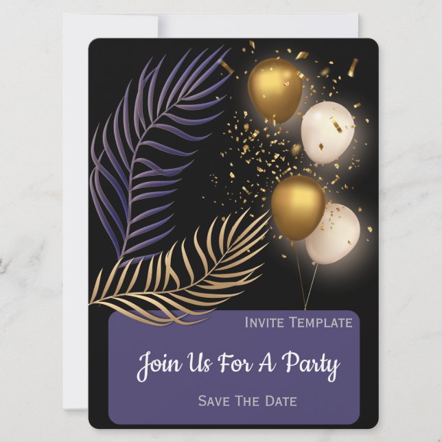 Gold Confetti, Balloons Party Invitation (Front)