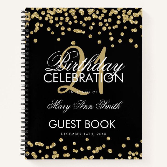 Gold Confetti Black 21st Birthday Guestbook Notebook (Front)