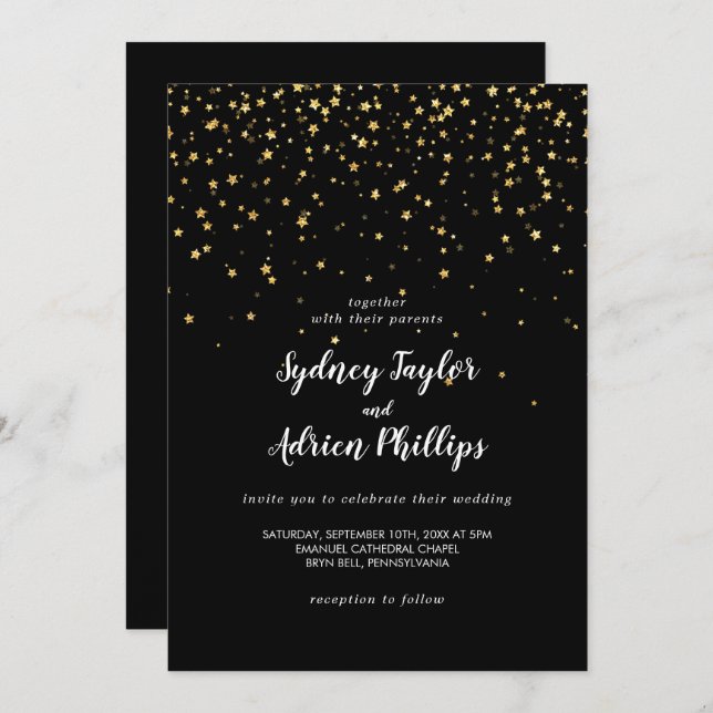Gold Confetti | Black Casual Wedding Invitation (Front/Back)