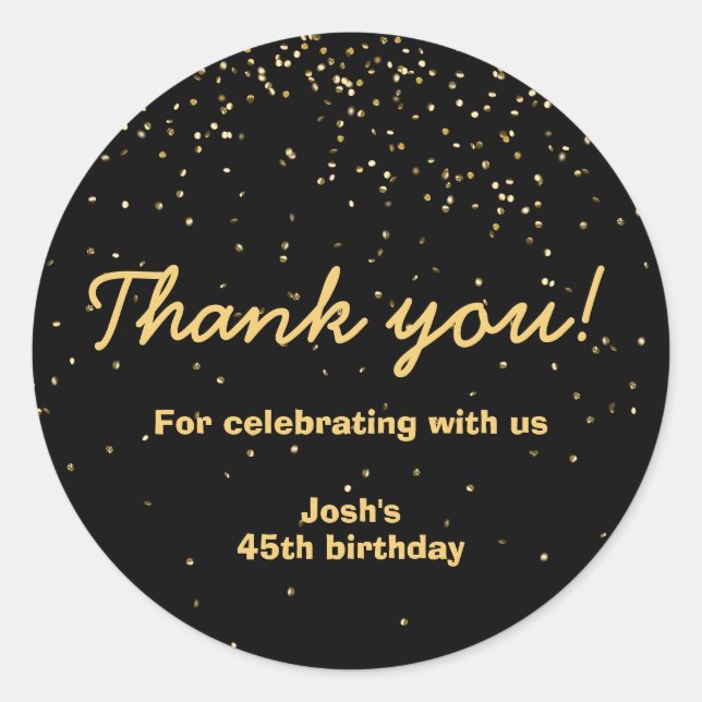 Gold Confetti Black Circle Birthday Thank You Classic Round Sticker (Front)