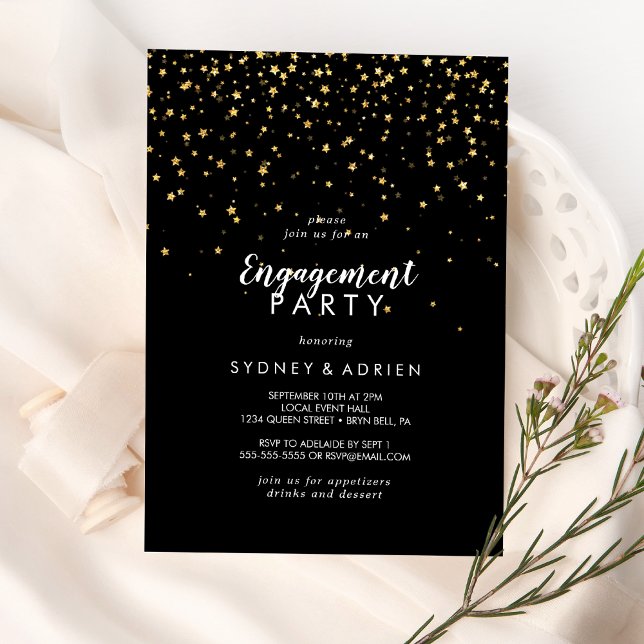 Gold Confetti | Black Engagement Party Invitation (Creator Uploaded)