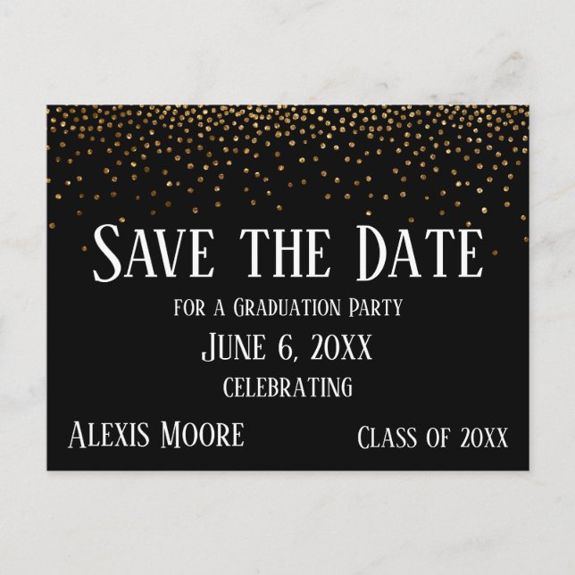 Gold Confetti Black Graduation Party Save the Date Postcard (Front)