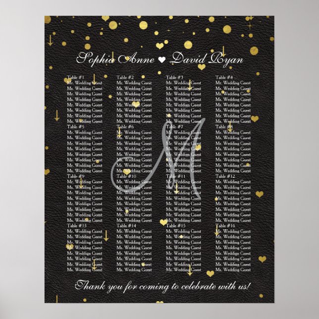 Gold Confetti Black Leather Wedding Seating Chart (Front)