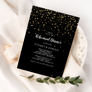 Gold Confetti   Black Rehearsal Dinner Invitation