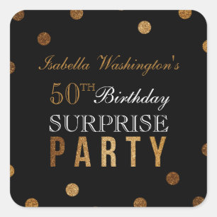 Gold Confetti & Black Surprise Birthday Party Square Sticker