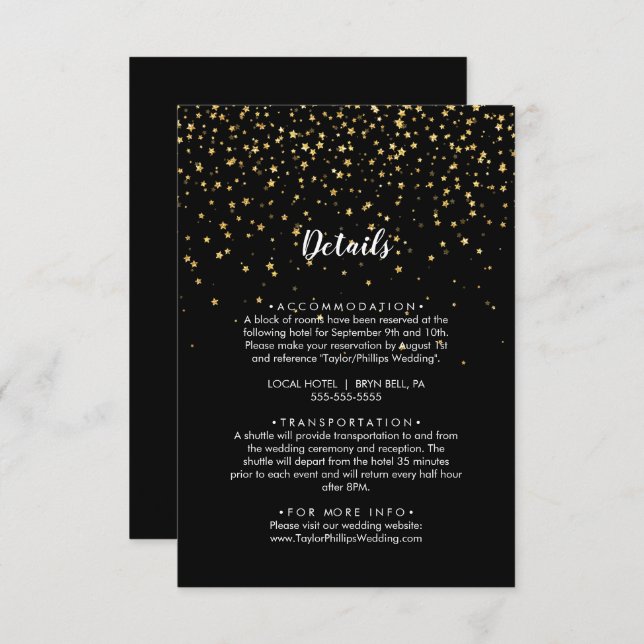 Gold Confetti | Black Wedding Details Enclosure Card (Front/Back)