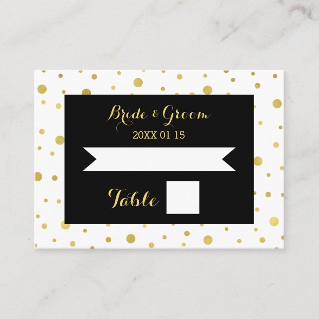 Gold Confetti Black Wedding Table Place Card (Front)