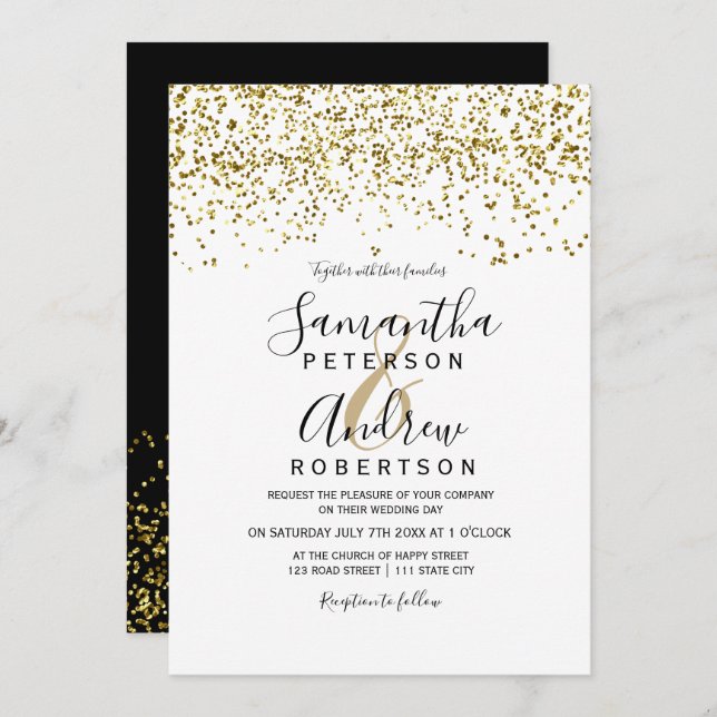 Gold confetti black white typography wedding invitation (Front/Back)