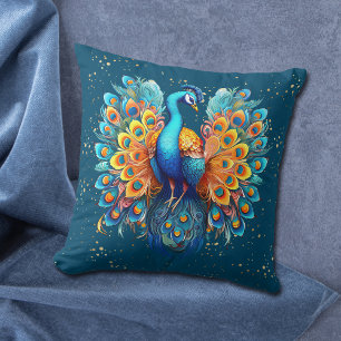Gold Confetti Blue Fantasy Peacock Cushion