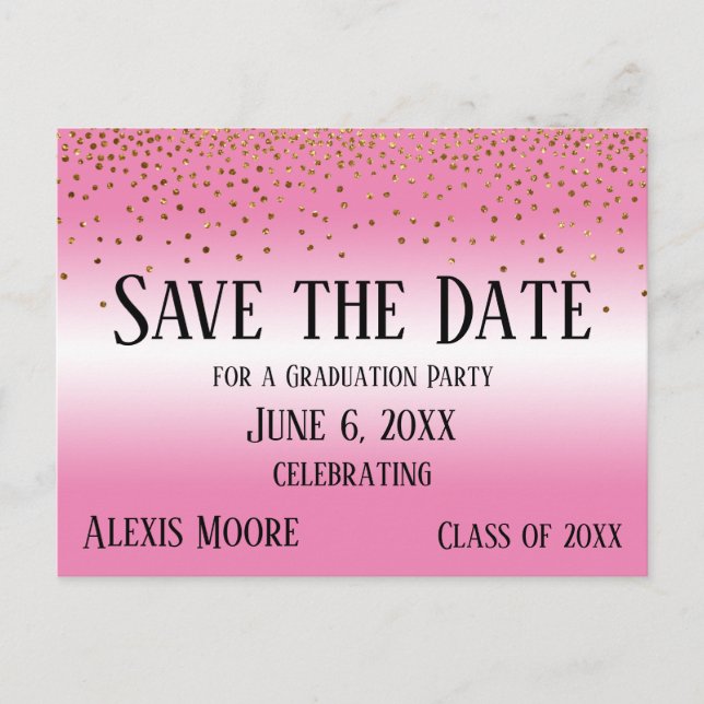 Gold Confetti Blue Graduation Party Save the Date Postcard (Front)