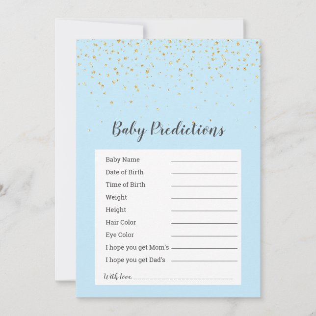 Gold Confetti Blue Shower "Baby Predictions" Game (Front)