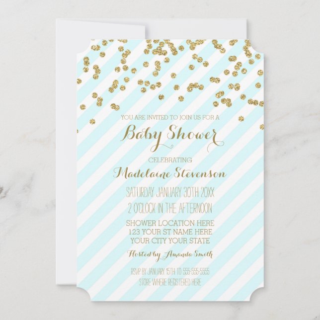Gold Confetti Blue Stripes Baby Shower Invitations (Back)