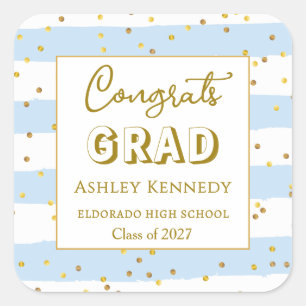 Gold Confetti Blue Stripes Graduation Square  Sticker