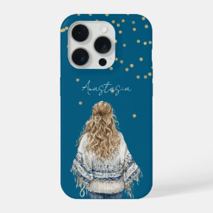 Gold Confetti Blue Sweater Blond Girl iPhone 15 Pro Case