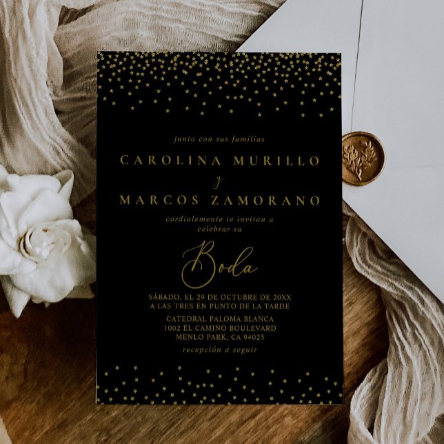 Gold Confetti Boho Black Boda Wedding  Invitation (Creator Uploaded)