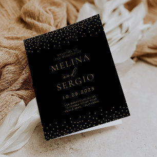 Gold Confetti Boho Black Folded Wedding  Programme