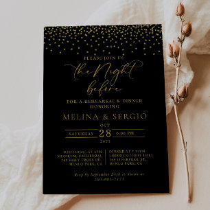 Gold Confetti Boho Black Rehearsal Dinner Invitation