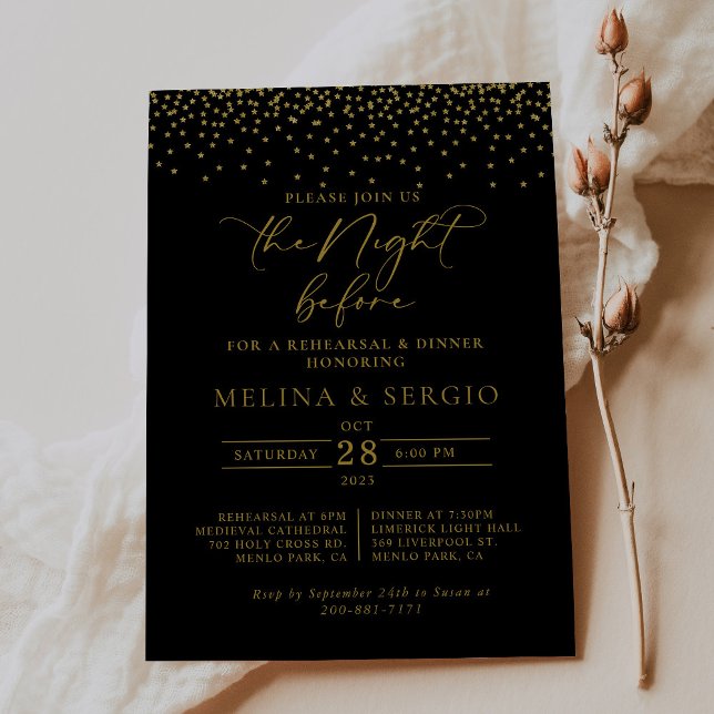 Gold Confetti Boho Black Rehearsal Dinner  Invitation (Creator Uploaded)