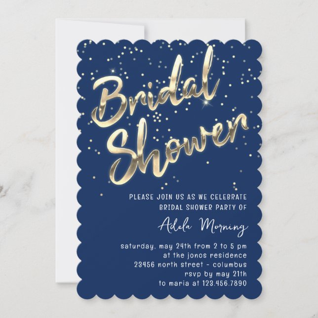 Gold Confetti Bridal Shower Script Blue Navy Invitation (Front)