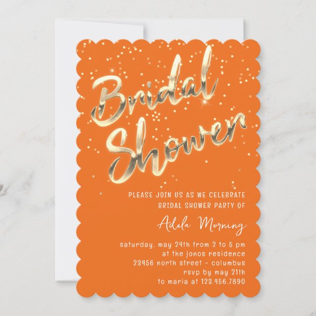 Gold Confetti Bridal Shower Script Orange Invitation (Front)